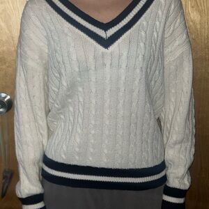 Cable Knit V-Neck Sweater with Navy Stripes